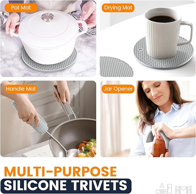Silicone Trivet Mats 4 Heat Resistant Pot Holders Multipurpose Non-Slip Hot Pads for Kitchen Potholders, Drying mat, Jar Opener, Spoon Holder, Coaster(Nordic Grey)