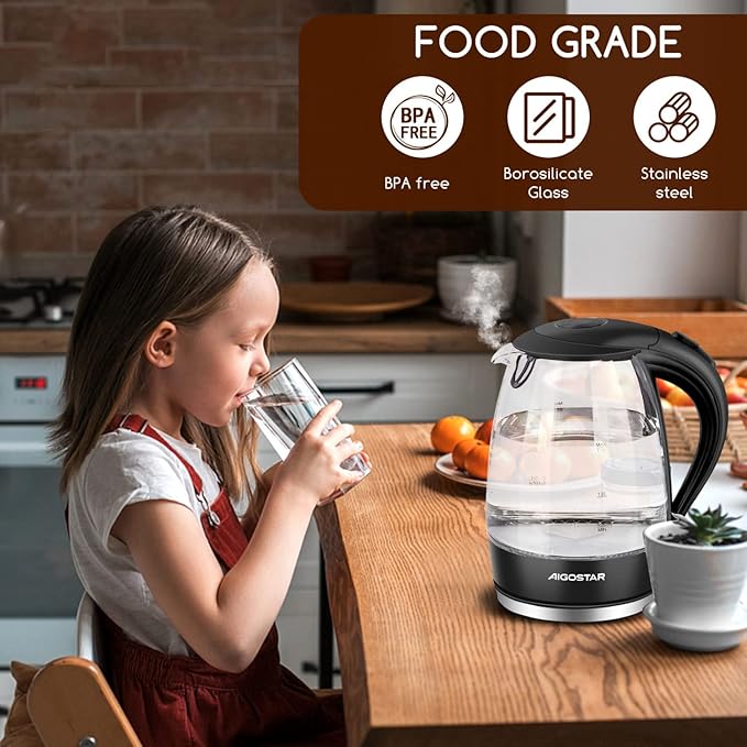 Aigostar Electric Kettle, 1500W Cordless Electric Tea and Hot Water Kettle with Filter, LED Illuminated, High Borosilicate Glass, No BPA, Auto Shutoff, Boil-Dry Protection, 360° Base, 1.7 Liter