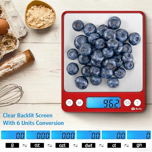 Digital Kitchen Scale, 3000g Pocket Cooking Scale with 0.1g Accuracy, Mini Food Scale, Pro Electronic Jewelry Scale with Back-Lit LCD Display, Tare & PCS Functions (Red, Batteries Included)