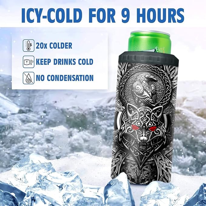 SANDJEST Wolf Tumbler Raven Viking 4 in 1 12oz Tumbler Can Cooler Coozie Skinny Stainless Steel Tumbler Gift for Men Dad Son Father Husband Christmas Birthday