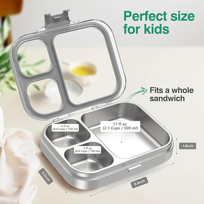 Stainless Steel Lunch Box, 3 Compartments Metal Bento Box for Kids Adults, Leak-Proof Lunch Box for School Office, Dishwasher Safe, BPA-Free, Tritan Lid, Grey