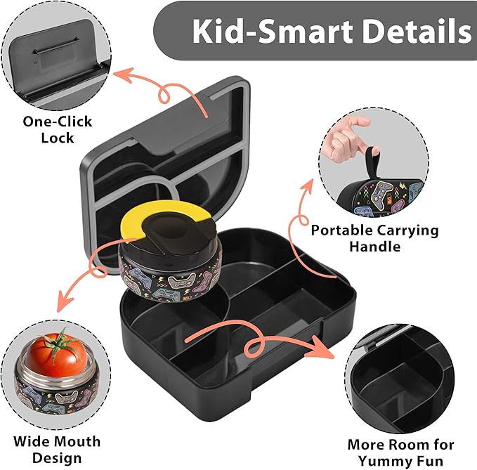 TinyPalsa Bento Box for Kids with 10oz Thermos, Durable Lunch Box with Leak Proof Insulated Food Jar, 3 Compartments with Portable Handle for Ages 3+, Dishwasher Safe, Ideal for School, Travel (Game)