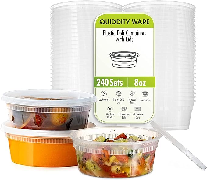 Deli Containers with Lids Leakproof - 240 Pack BPA-Free Plastic Microwaveable Clear Food Storage Container Premium Heavy-Duty Quality, Freezer & Dishwasher Safe (8oz 240 Sets)