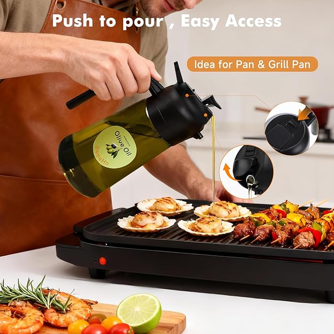 Oil Sprayer for Cooking,470ml Cooking Olive Oil Sprayer and Oil Dispenser 2 In 1, Food-grade Glass Oil Spray Bottle Mister for Air Fryer, BBQ, Griddle (Black+dark green glass and color label)