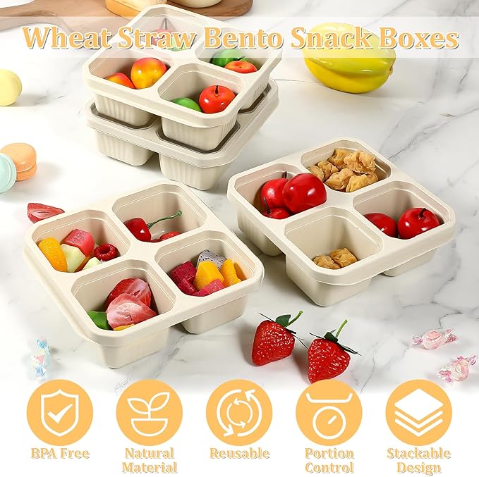 SHENLIU 6 Pack 4 Compartment Snack Containers, Beige Reusable Lunchable Container Divided Bento Snack Box with Lids Food Storage Containers for Adults Travel Work