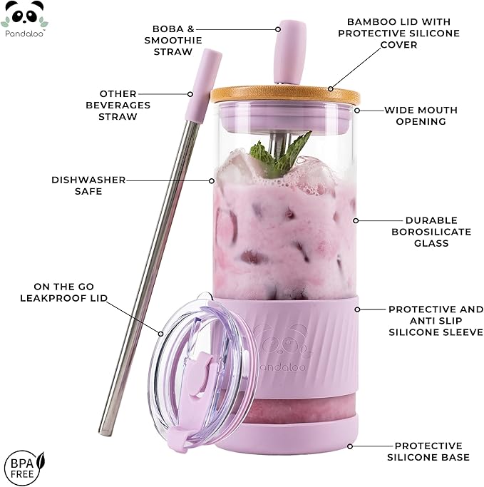 Pandaloo® Glass Cups With Lids and Straws -20 Fl Oz- Perfect Size Iced Coffee Cup - Smoothie Cup With Bamboo Lid and On the go Lid - Glass Tumbler (2 Count (Pack of 1), Lilac-Sage)