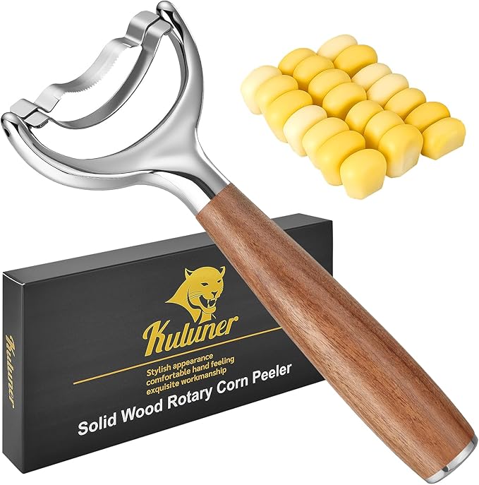 KULUNER Durable Stainless Steel Corn Peeler with Polished Wood Handle Corn on the Cob Stripper Kernel Remover Easy Use Corn Kernel Cutter Kitchen Gadget（Rosewood）