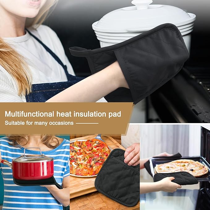 Cotton and Neoprene Oven Pads Pot Holder with Pocket 8"x8.5" Dual-Function Hot Pad Set for Finger Hand Wrist Protection Heat Resistant to 428°F Black