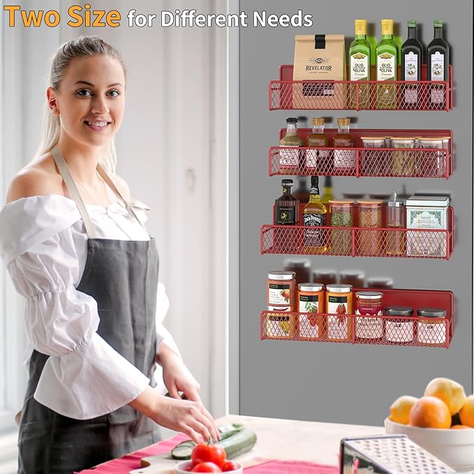 Magnetic Spice Rack for Refrigerator, 4 Pack 100% Metal Strong Magnet Fridge Shelves, Space Saving Spice Organizer, No Drilling Moveable Home Kitchen Laundry Room Storage Organization, Red