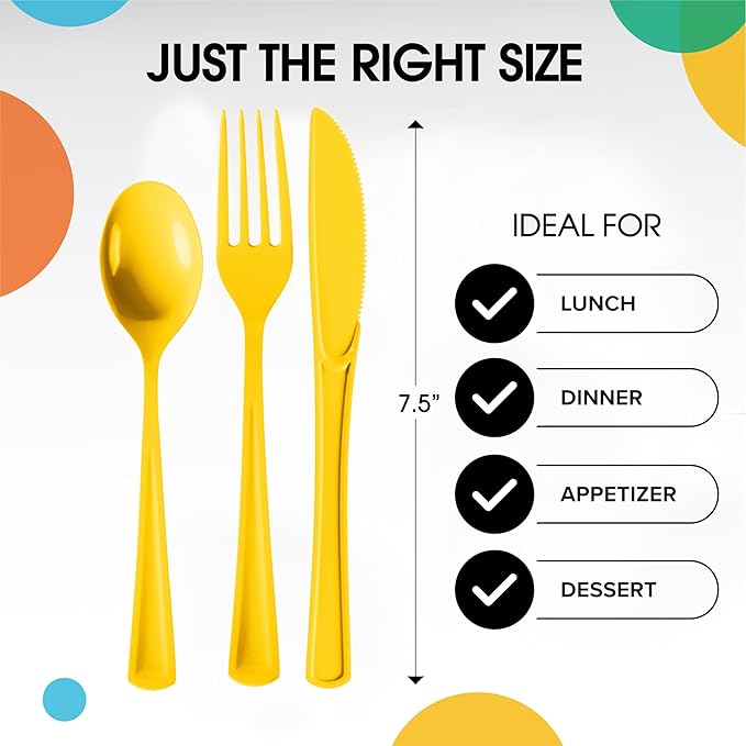 Party Solids Yellow Plastic Silverware Heavy Duty 300 Pieces Yellow Plastic Cutlery Sets, Utensil Sets, 100 Of Each Forks, Knives & Spoons Disposable Cutlery Set, Flatware Set For Party Supplies