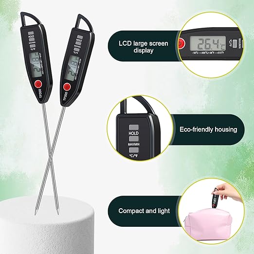 6 Set Waterproof Food Thermometer for Water, Liquid, Candle and Cooking Digital Meat Thermometer with Long Probe Instant Read for Kitchen BBQ Grill Candy (Black)