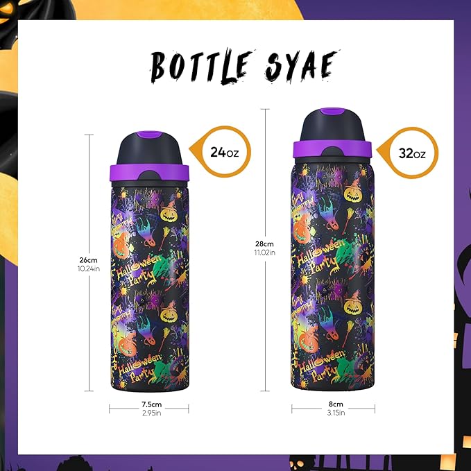 ENCOOL Halloween Insulated Water Bottle with Straw - Stainless Steel Water Bottle with Push Button Lid, Leak-Proof BPA-Free, Keeps Cold for 24 Hours for Halloween gifts, Party (24 oz, Ghost Party)