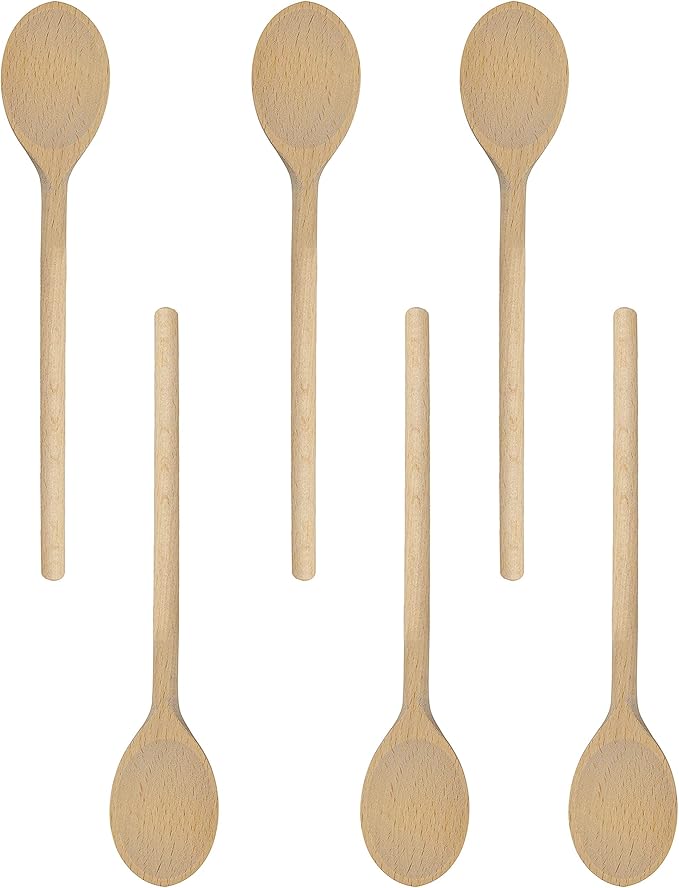 12 Inch Long Wooden Spoon Set by BICB | Natural Beechwood Mixing Spoons for Baking, Cooking & Stirring | Set of 6 Long Wooden Spoons | Cookware Sauce Spoons | Wood Mixing Spoon Set