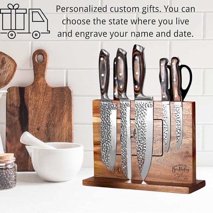 Personalized magnetic knife holder featuring the shape and name of the state where the US is located, as well as the date. Suitable for custom wedding, new home moving gifts, etc.