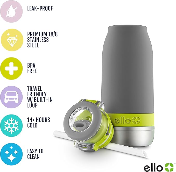 Ello Emma 14oz Vacuum Insulated Stainless Steel Kids Water Bottle with Straw and Built-in Carrying Handle and Leak-Proof Locking Lid for School Backpack, Lunchbox and Outdoor Sports