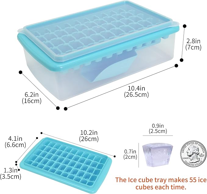 Ice Cube Tray with Lid and Bin for Freezer, Easy Release 55 Nugget Ice Tray with Cover, Storage Container, Scoop. Perfect Small Ice Cube Maker Tray & Mold. Flexable Durable Plastic, BPA Free