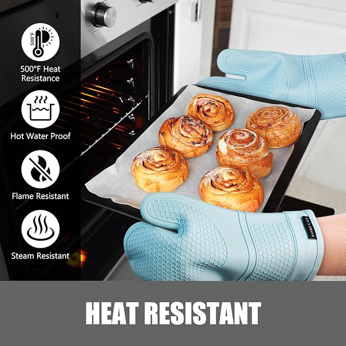 Rorecay 6pcs Oven Mitts and Pot Holders Sets, Extra Long Silicone Oven Gloves Heat Resistant 500 Degrees Non-Slip Potholders Hot Pads for Kitchen Baking Cooking, Quilted Liner, Winter Sky