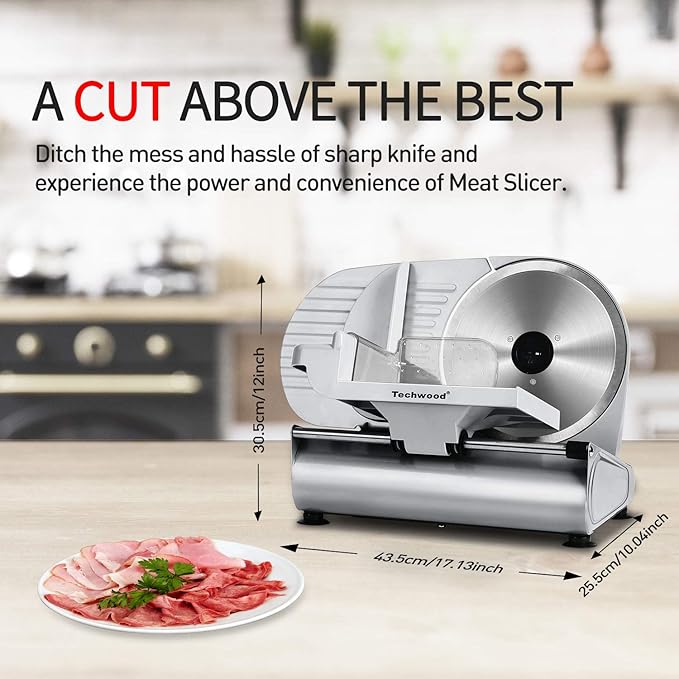 Meat Slicer, Techwood Electric Deil Food Slicer with Removable 9” Stainless Steel Blade, Deli Cheese Fruit Vegetable Bread Cutter with Adjustable Knob for Thickness, Food Carriage & Non-Slip Feet