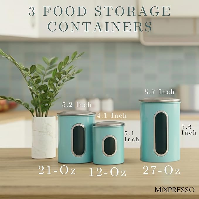 Mixpresso 3-Piece Aqua Blue Canisters Sets For The Kitchen, Airtight Canister Set With See Through Window, Storage Jars for Coffee Container, Tea Organizer & Sugar Canister, Kitchen Canisters