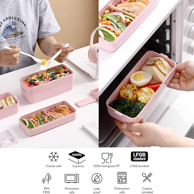 Rarapop Pink Stackable Bento Box Japanese Lunch Box Kit with Spoon & Fork, 3-In-1 Compartment Wheat Straw Meal Prep Containers for Kids & Adults