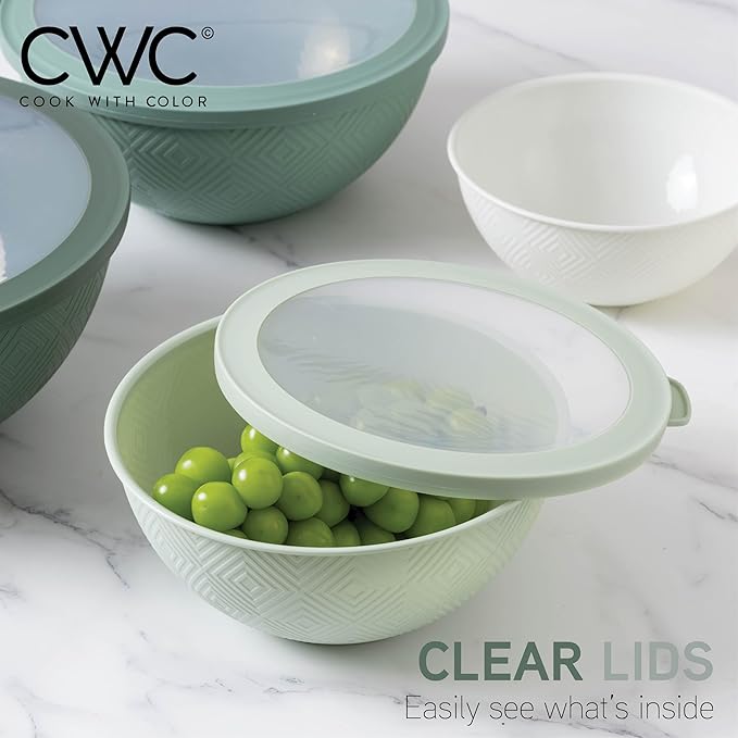 COOK WITH COLOR Mixing Bowls with Lids - 12 Piece Plastic Nesting Bowls Set includes 6 Prep Bowls and 6 Lids, Rhombus Design - Microwave Safe (Sage)