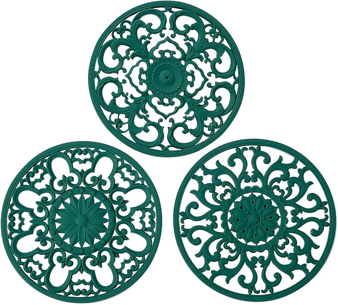 Extra Thick Silicone Trivet Mat for Hot Dishes, Hot Pots and Pans, Pot Holder, Hot Pad to Portect Your Table and Countertop, Kitchen Decor and Accessories,Malachite Green,Set of 3