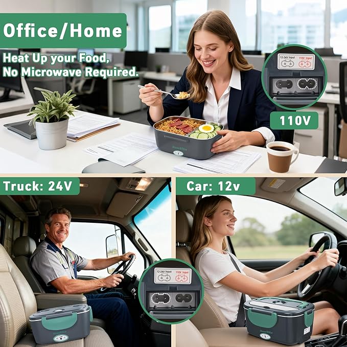 Electric Lunch Box for Adults, 80W Heated Lunch Box, 1.5L Stainless Steel Container | 12V/24V (Car/Truck) & 110V (Office/Home) | with Fork&Spoon and Insulated Carry Bag (Green-Dual Container)