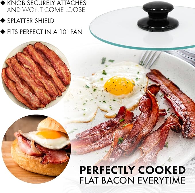 Northwest Enterprises Bacon Press, Round Tempered Glass Bacon Press and Splatter Shield, Perfectly Cooked Flat Bacon Every time! (8 Inch)