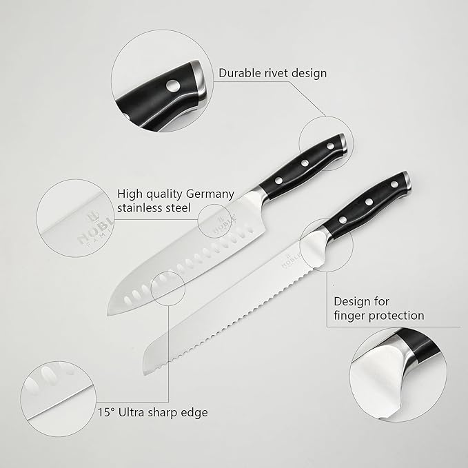 Knife Set with Block, N NOBLE FAMILY 16Pcs Kitchen Knives Drawer Organizer Set with Sharpener, Cutting Board, Anti-Slip Chef Knives Set with 6Pcs Steak Knives, Black