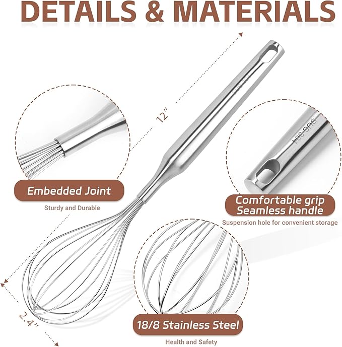 Stainless Steel Whisk Metal Whisk Balloon Wire Baking Whisks for Cooking Kitchen Whisking Beating Blending 12inch,Dishwasher Safe