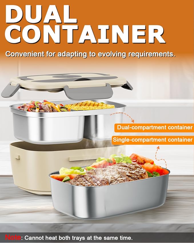 Electric Lunch Box for Men, Women & Adults - 80W Fast Heating - Heated Lunch Box with Dual 1.5L SS Containers - Portable Food Warmer for Car, Truck, Office