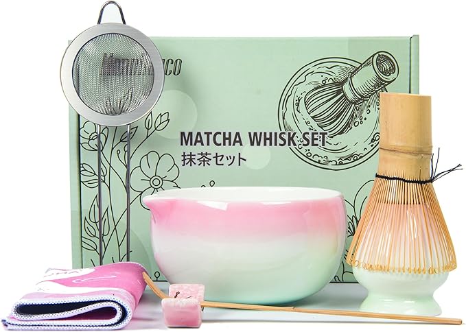 Matcha Whisk Bowl Set, 7PCS All-in-One Japanese Tea Set Includes Matcha Bowl with Spout, Bamboo Whisk (Chasen) with Stand, Scoop, Sifter, Complete Kit for Ceremony, Gift for Matcha Tea Lovers