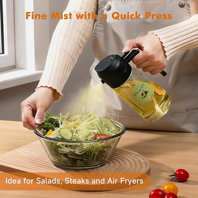Oil Sprayer for Cooking,470ml Cooking Olive Oil Sprayer and Oil Dispenser 2 In 1, Food-grade Glass Oil Spray Bottle Mister for Air Fryer, BBQ, Griddle (Black+transparent glass and color label)