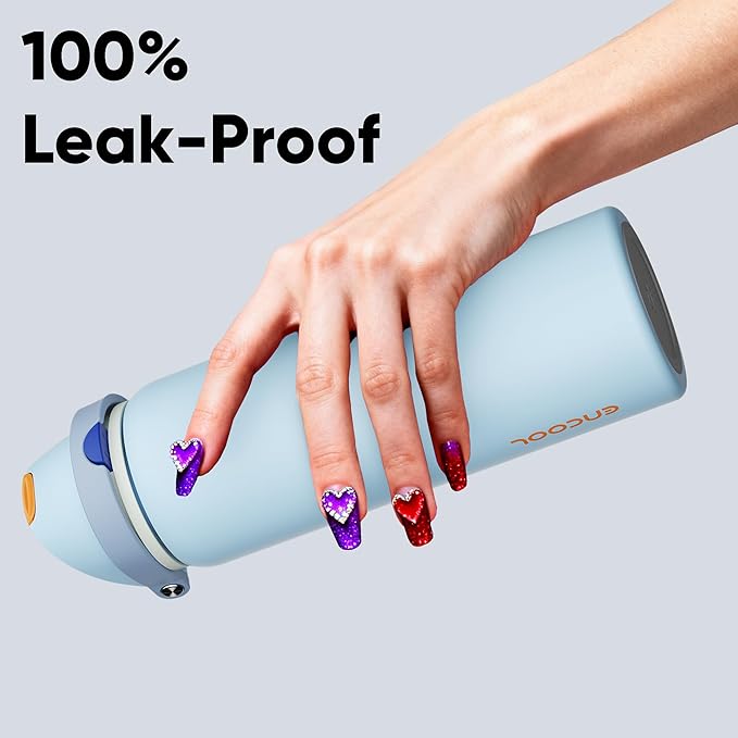 ENCOOL Insulated Water Bottle with Straw Stainless Steel Water Bottle with Push Button Lid, Leak-Proof & BPA-Free, Keeps Cold for 24 Hours for Sports, Travel, Gym (32 oz, Hazy Blue-Blue)