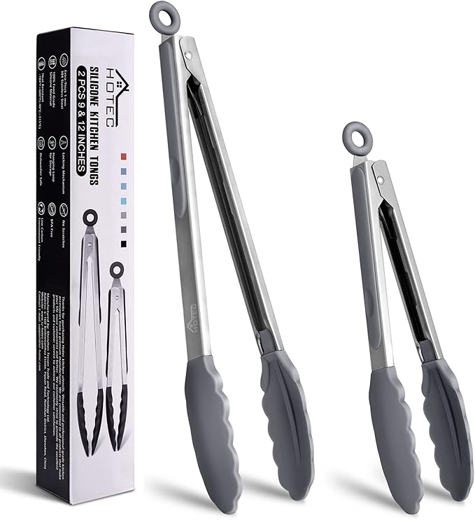 HOTEC Premium Stainless Steel Locking Kitchen Tongs with Silicon Tips, Set of 2-9" and 12" Light Grey