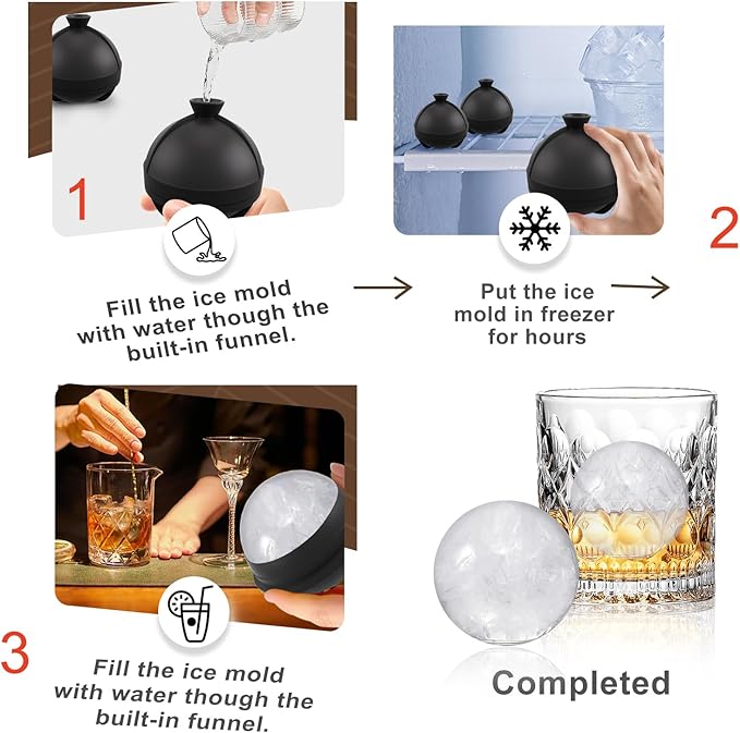 Samuelworld Large Ice Ball Maker with Lid, 4 x 2.5 Inch Round Silicone Ice Ball Mold, BPA Free, Easy To Fill Round Silicone Ice Tray, Craft Ice Maker for Whiskey, Cocktails, Gifting - Black