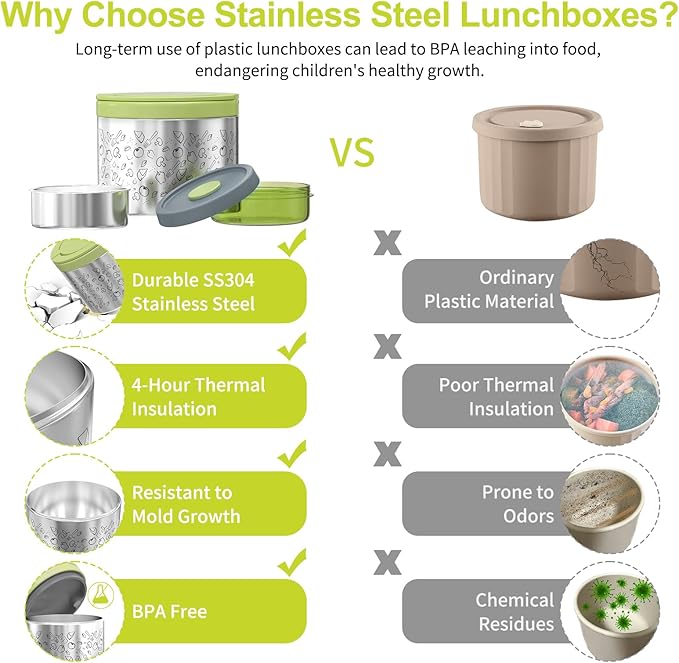 Lille Home Portable Insulated Lunch Box Set with Stainless Steel Cutlery, vacuum lunch box, to Keep Food Warm or Cool, Two Containers for Fruits and Sauces, Durable and Leak-Proof