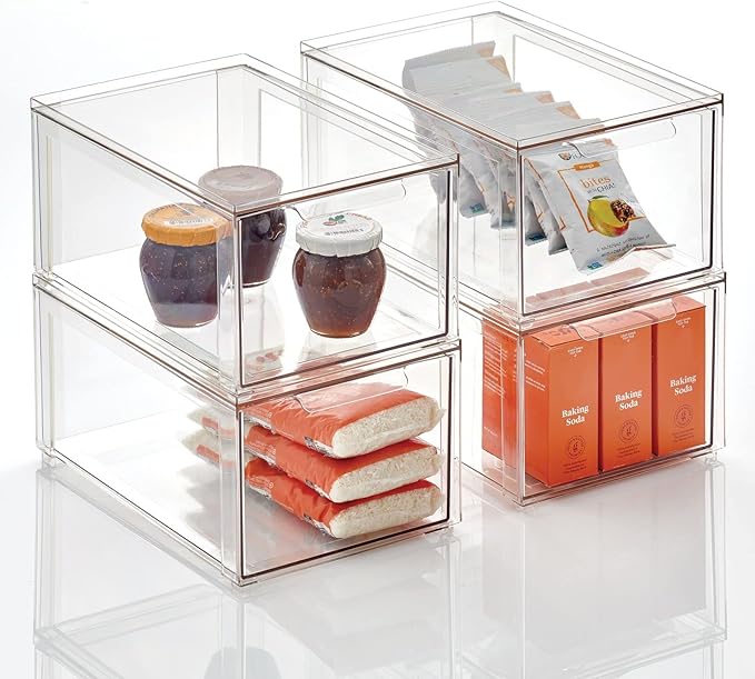 mDesign Plastic Pantry Organization and Storage Bin w/Pull Out Drawer - Stackable Kitchen Supplies Storage Container for Organizing Cabinet, Fridge, Freezer - Lumiere Collection - 4 Pack, Clear