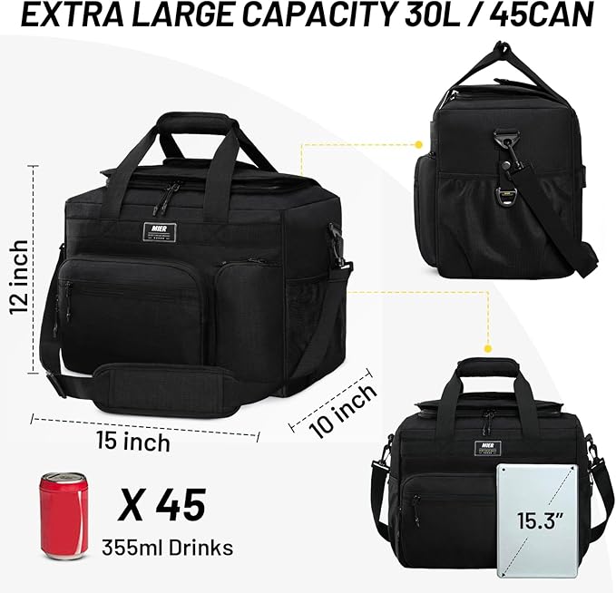 MIER 30L Extra Large Soft Cooler Bag with Bottle Opener for Camping Beach BBQ Grocery Golf Leakproof Picnic Lunch Bag, Collapsible, Top Flip Lid, 45Can (Black)