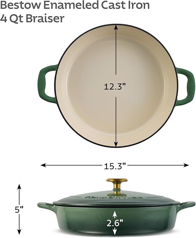 Tramontina Bestow Enameled Cast Iron Braiser Pan with Lid, 4-quart, Cactus with Gold Knob