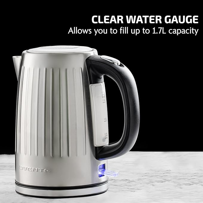 OVENTE Electric Kettle, 1.7L Stainless Steel Fast Boiling Water Heater with 1750W Power, BPA Free & Cordless Body, Auto Shut-Off, Boil-Dry Protection, Indicator Light & Removable Filter, Silver KS711S