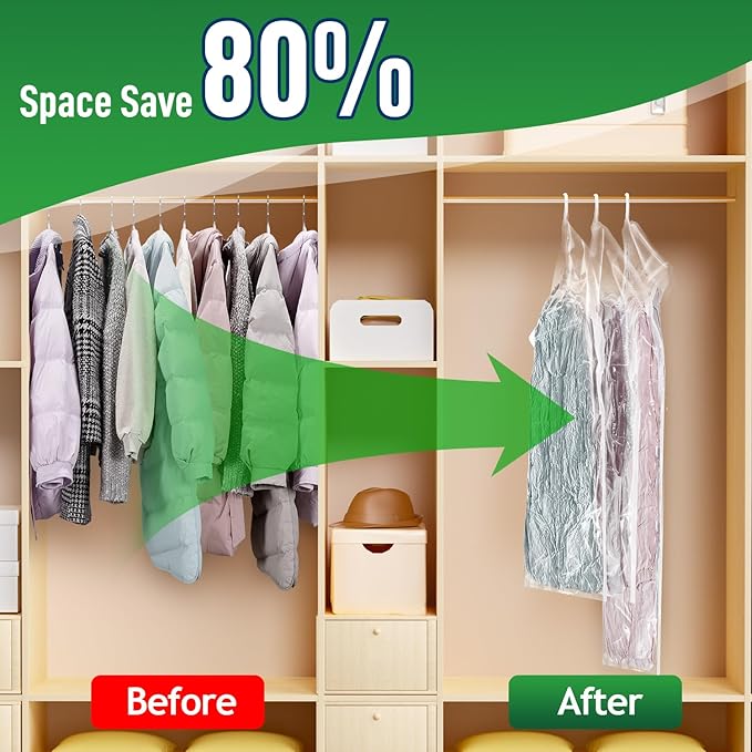 Hanging Vacuum Storage Bags For Clothes With Hand Pump,Coat Storage Bag Hanging,Vacuum Bags For Clothes,Space Saver Vacuum Storage Bags,Garment, Clothing, Dress, Suit, Long Coat, Jacket(Long 4 Pack）