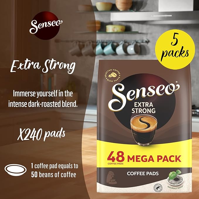 Senseo Extra Strong Coffee Pods – 240 Count (5 Packs) – Dark Roast with Intense & Bold Flavor and Rich Crema – Single-Serve Coffee Pads Compatible with Senseo & PeleCom Machines