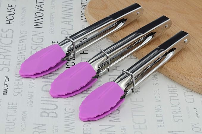 7-Inch Stainless Steel Tongs with Silicone Tips Locking Metal Food Tongs, Set of 3 (Purple)