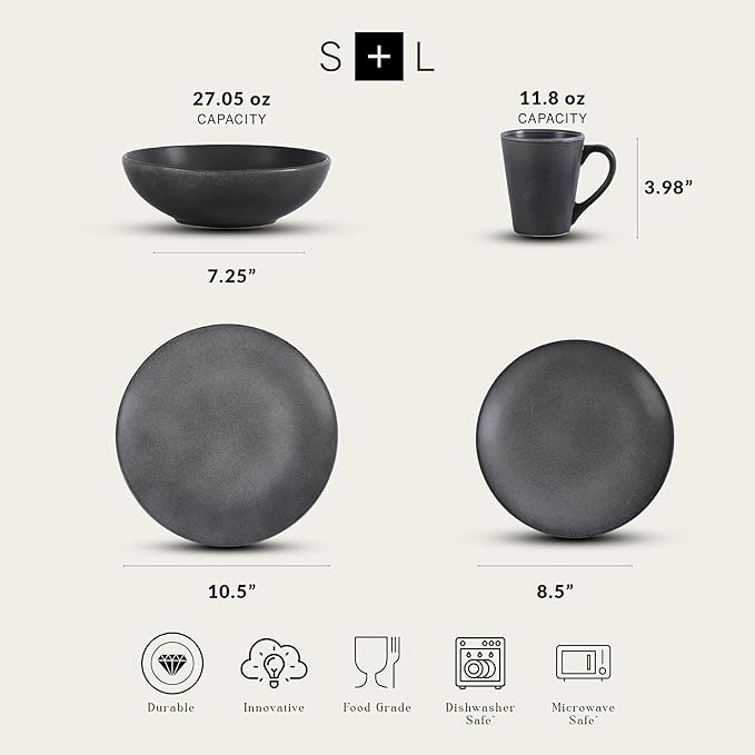 Stone Lain Grao Stoneware 16-Piece Dinnerware Set, Grey