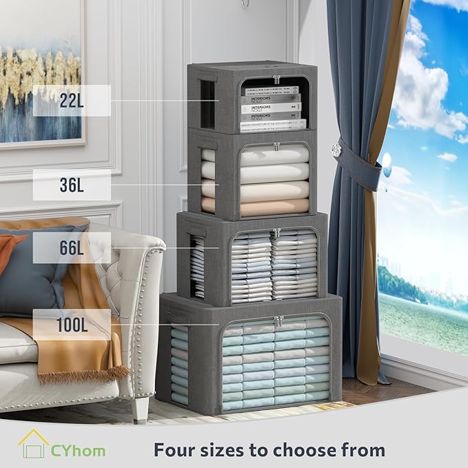Extra Large Clothes Storage Bins - Linen Fabric Foldable Stackable Container Organizer Set with Clear Window & Carry Handles & Metal Frame (Dark Gray, Extra Large-100L)
