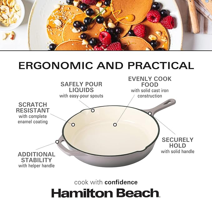 Hamilton Beach Enameled Cast Iron Fry Pan 12-Inch Gray, Cream Enamel coating, Skillet Pan For Stove top and Oven, Even Heat Distribution, Safe Up to 400 Degrees, Durable