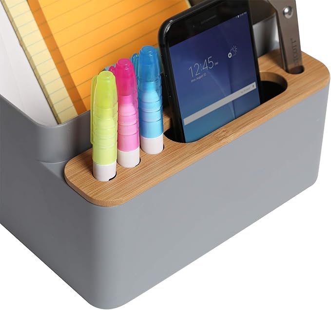 Seville Classics Bamboo Premium Organizer Storage Bins for Kitchen Silverware, Pantry, Closet, Office Desk, Pens, Utensils, Makeup, K Cup, Bamboo/Gray, Desk Caddy