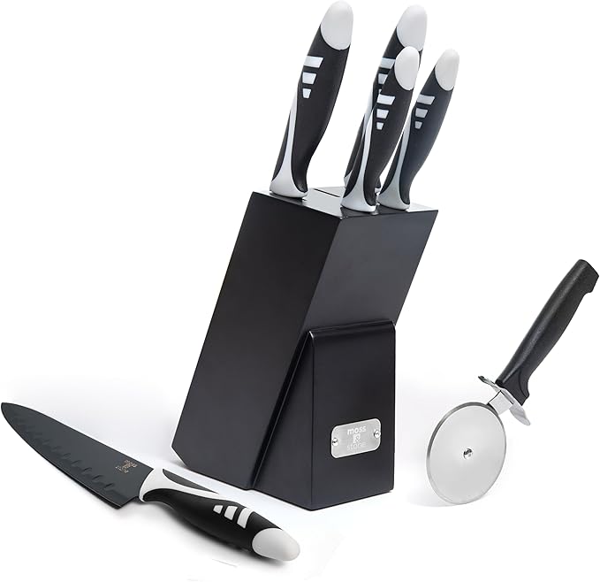 Moss & Stone 7-Piece Kitchen Knife Set with Block – Black Titanium Plated Stainless Steel Kitchen Knives, High Carbon Blades, Compact Cutlery Set for Home Cooking, Small Knife Set Black Wood Block