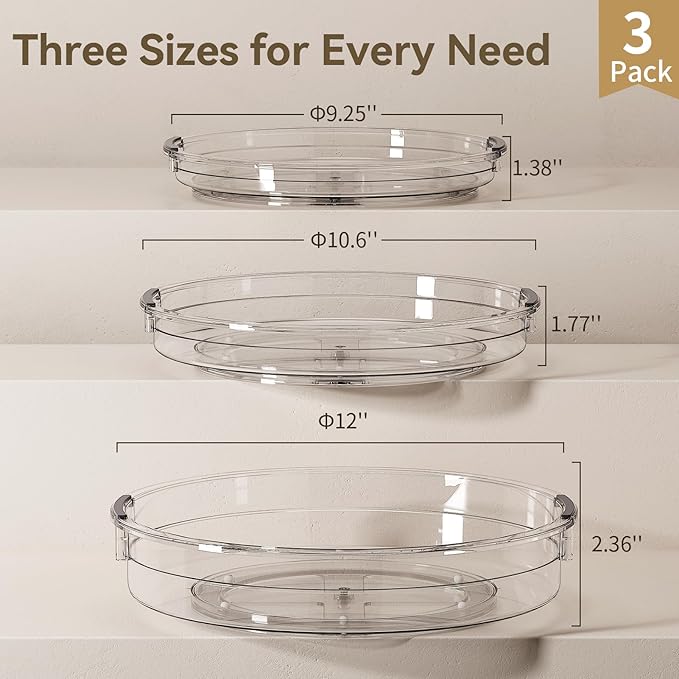LAMU 3 Pack Lazy Susan Organizer Turntable for Cabinet, Pantry Organizers and Storage, Rotating Condiment Organizer for Kitchen, Table Top, Fridge, Countertop, Spice Organization, 9.25'' 10.6'' 12''